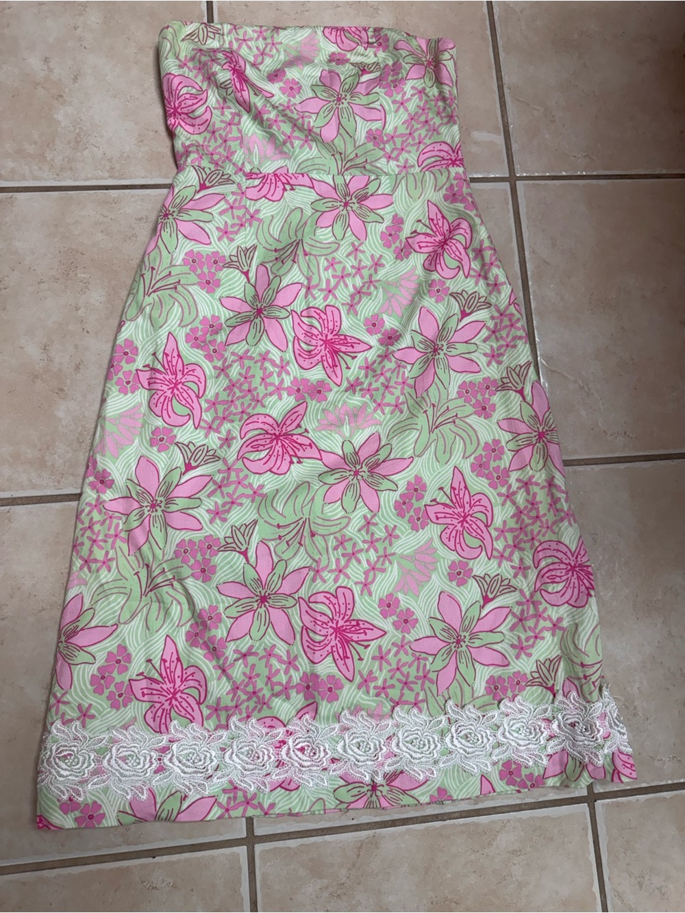 Lily Pulitzer Vintage Floral Strapless Pink & Green Dress with Lace Trim